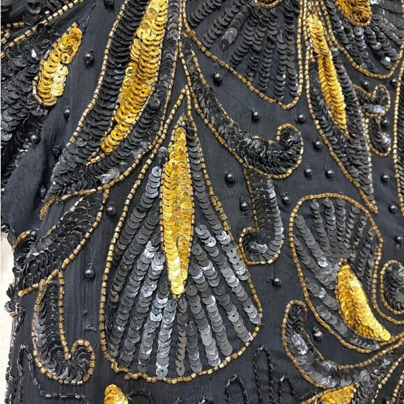 Vintage Black & Gold Beaded Cocktail Dress – Art Deco Sequin Short Sleeve Party - Picture 7 of 9